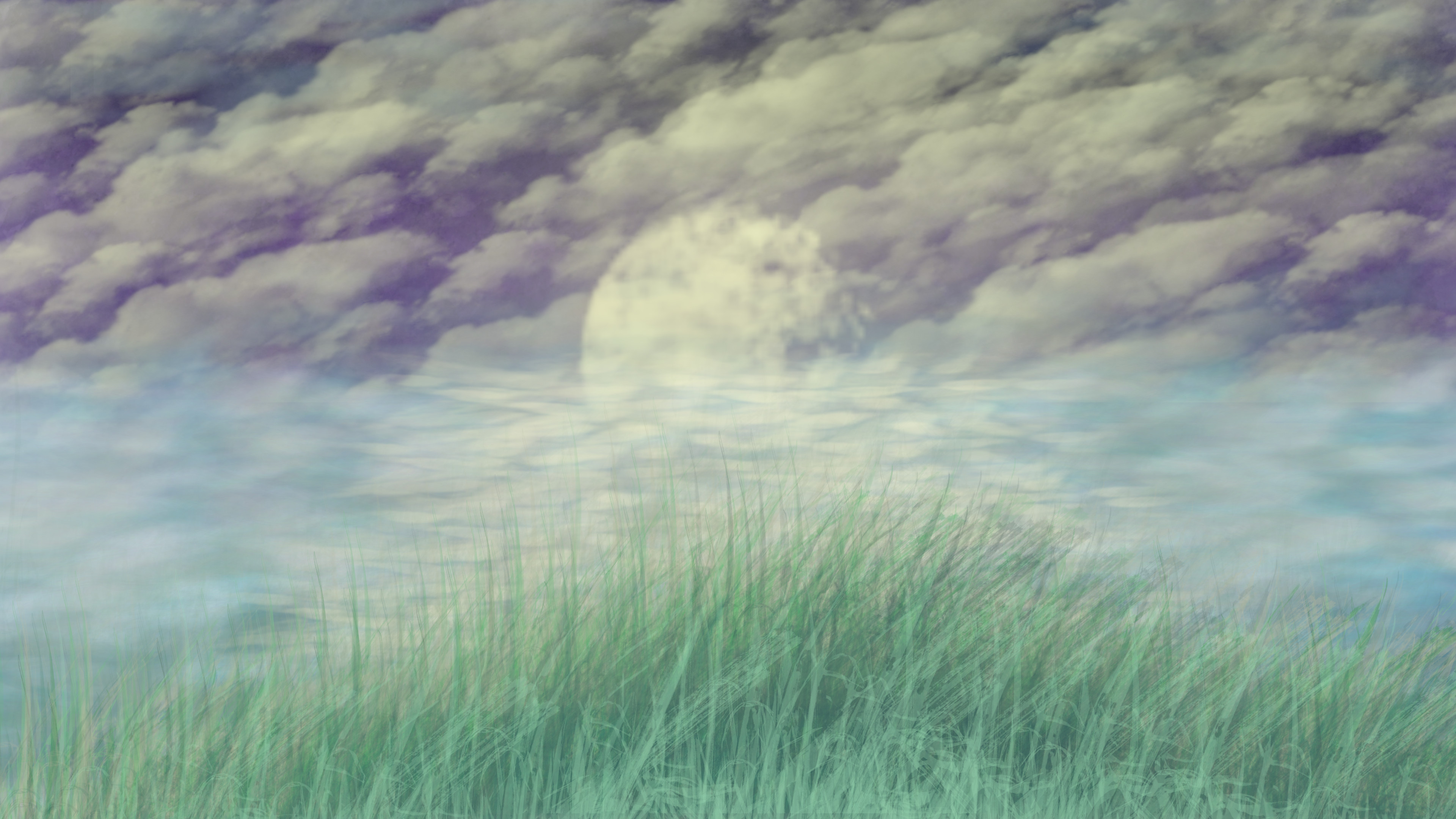 A moon in the sky floats over a ominous swamp.
